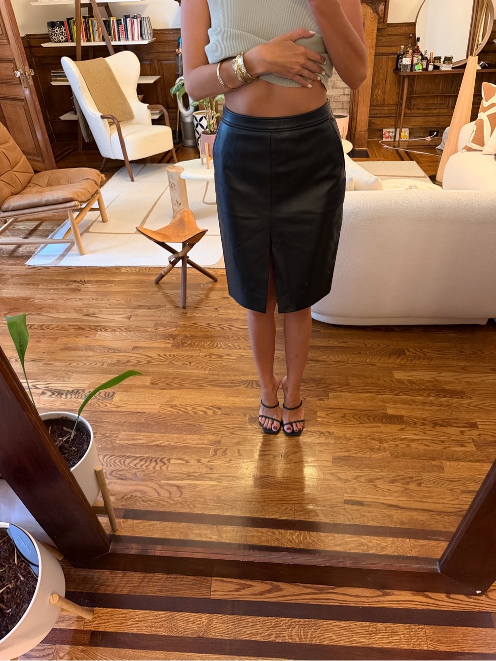 Anine Bing Black Leather Pencil Skirt with Front Center Slit - Size 4 US